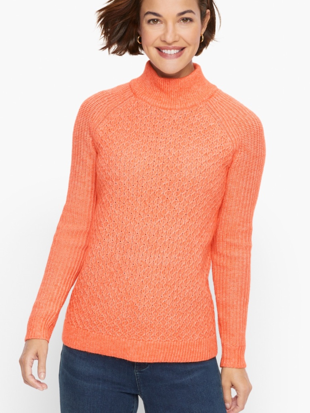 Talbots Orange Textured Stitch Sweater Mockneck Tunic Cozy Wool Blend Size XL
